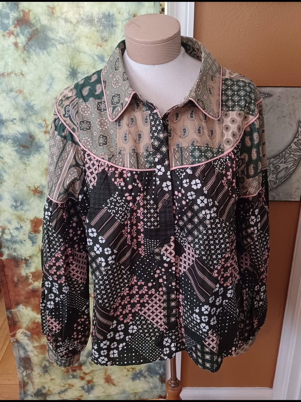 Avara Marlen Patchwork Button-Up Blouse - Pink & Black Size L
